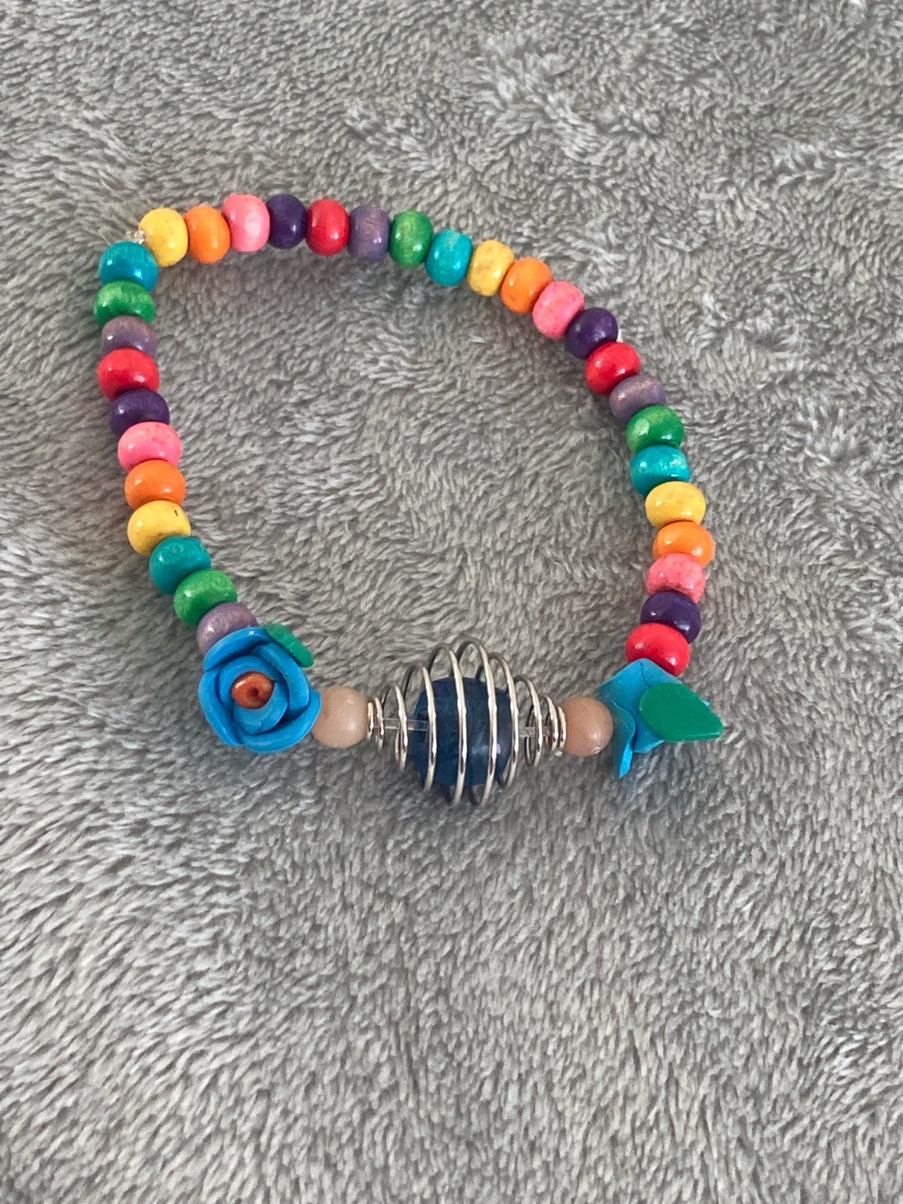 Wooden rainbow bead floral bracelet